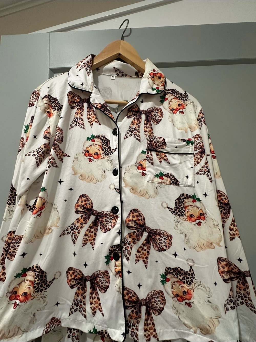 Leopard Bow Santa Print White Button-Front Pajama set with pants
